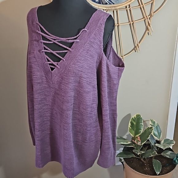 Express Purple Lace Front Cold Shoulder Knit Long Sleeve Sweater Sz L - Picture 6 of 9